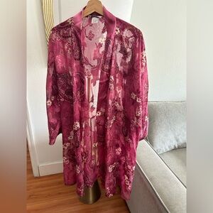 Delicates Womens Floral Kimono Robe Sheer Open  Burgundy
